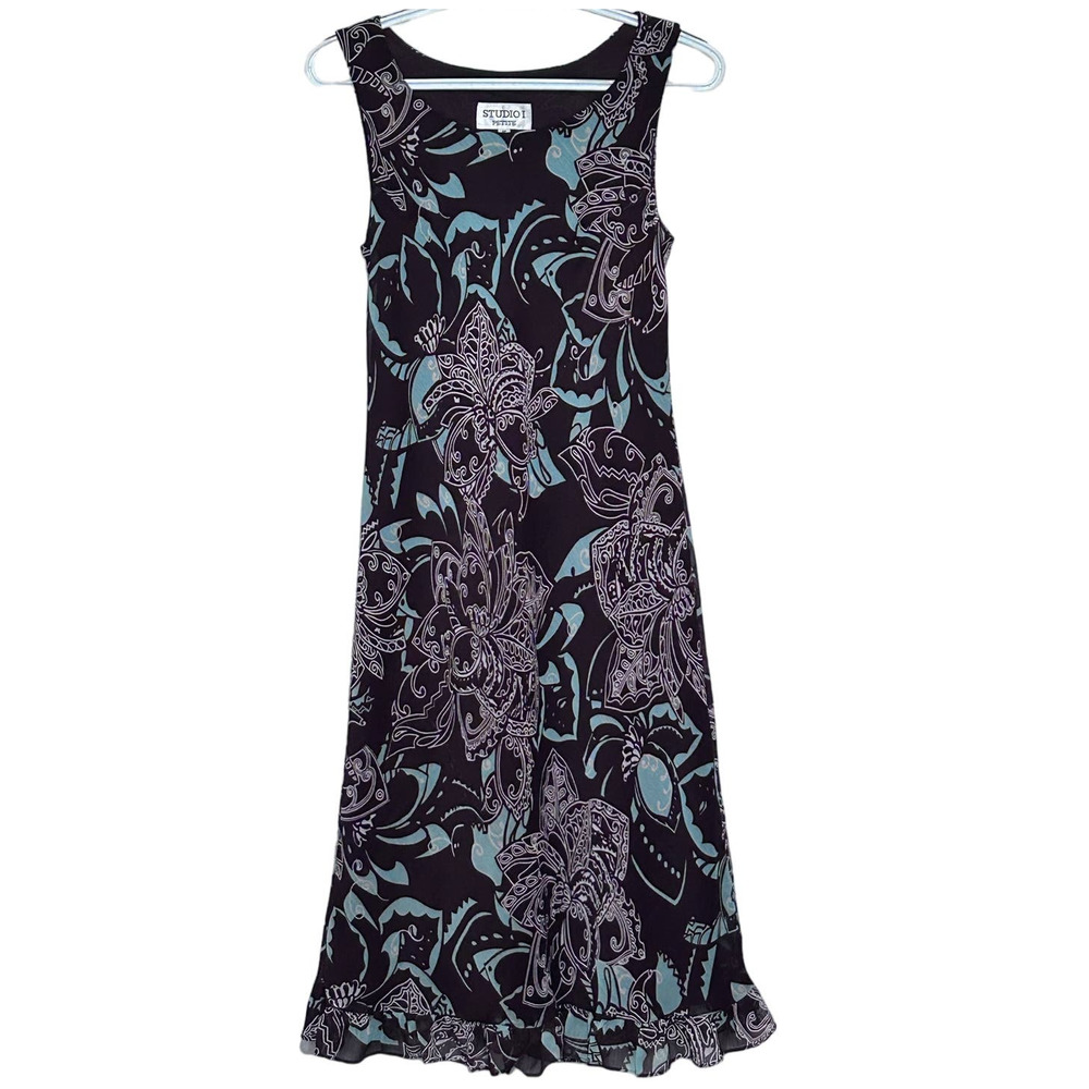 Studio I Petite Women's Brown Blue Sleeveless Dress w/Ruffled Hem Size 6P